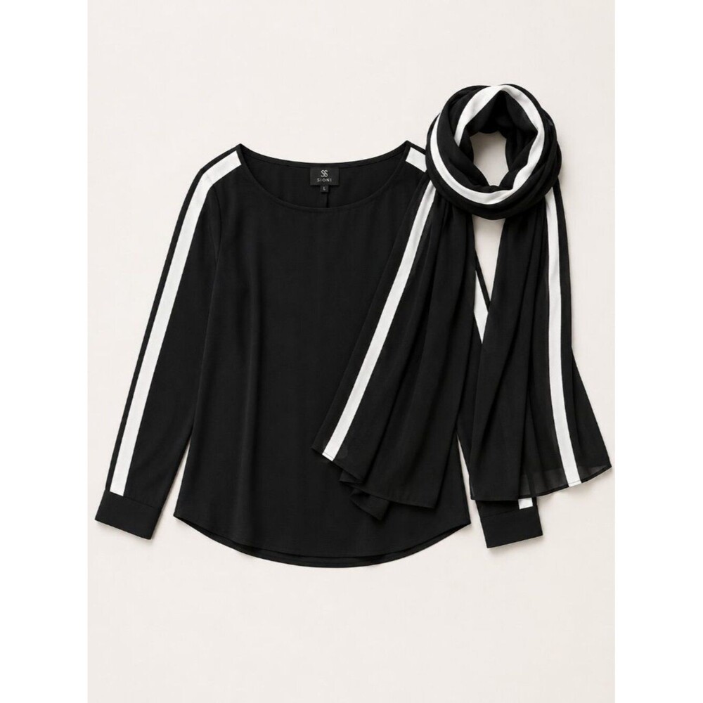 Sioni Black/White Stripes with Scarf Pullover Lined Top Shirt Blouse Size Large